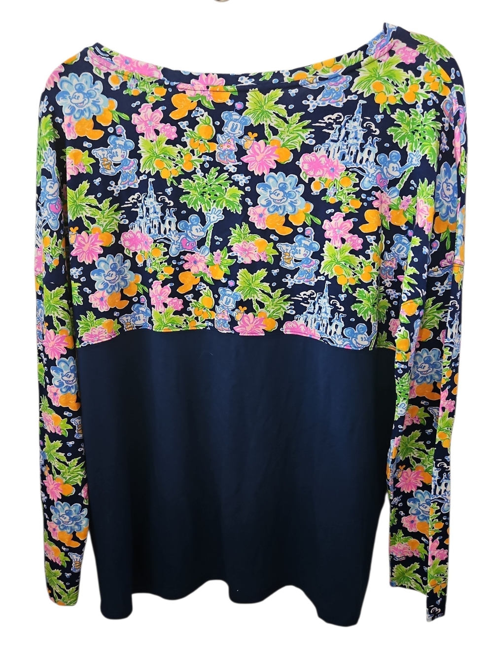 Lilly Pulitzer x Disney Finn Lilly Loves Mickey Navy Blue Floral Panel Top Sz L - Picture 4 of 7